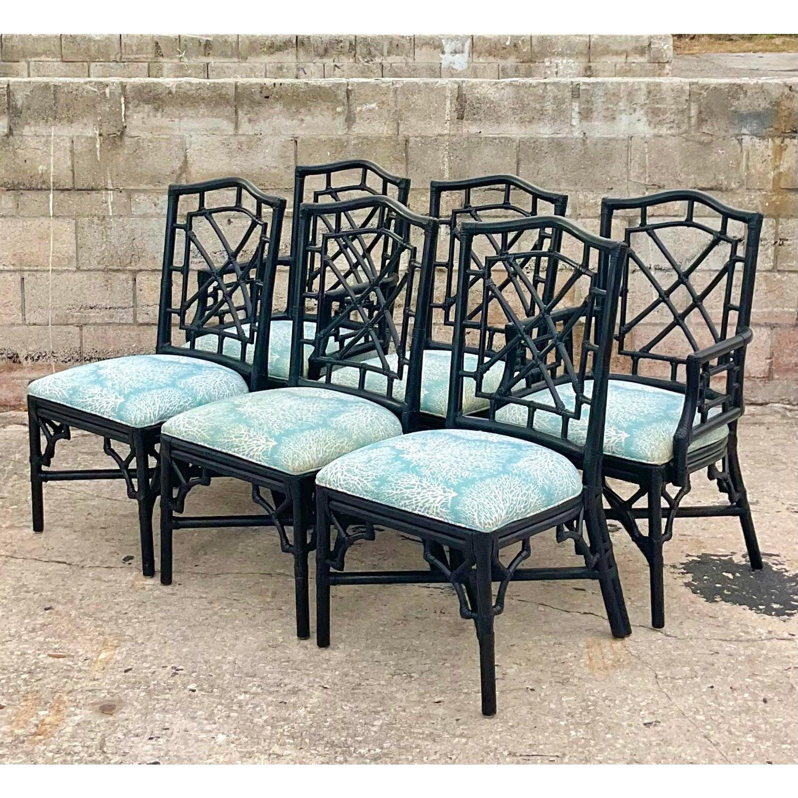 Vintage Coastal Rattan Chinese Chippendale Fretwork Dining Chairs, Set of 6 5