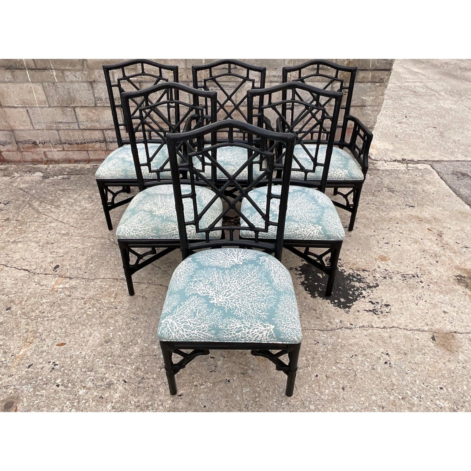 Philippine Vintage Coastal Rattan Chinese Chippendale Fretwork Dining Chairs, Set of 6
