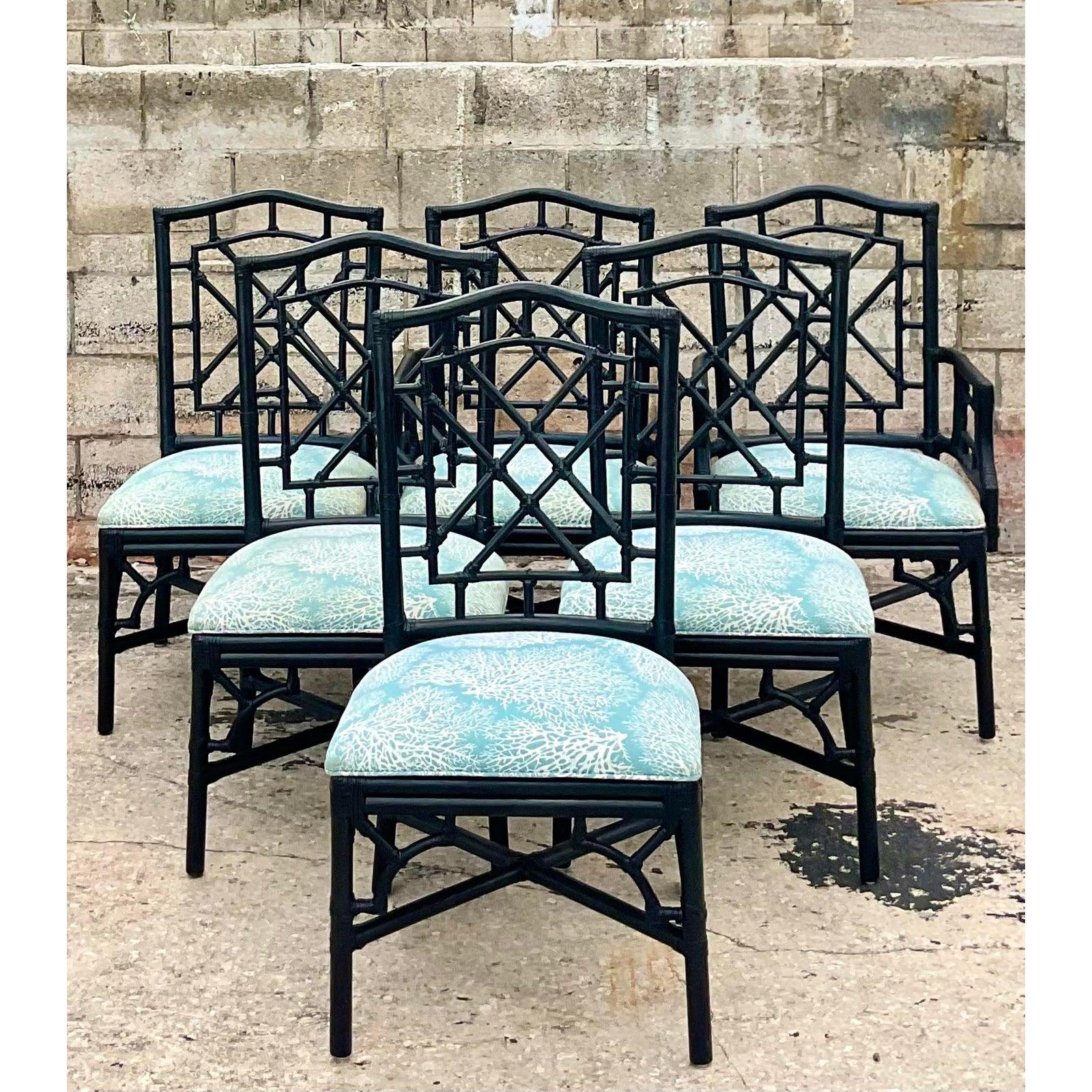 Vintage Coastal Rattan Chinese Chippendale Fretwork Dining Chairs, Set of 6 In Good Condition In west palm beach, FL