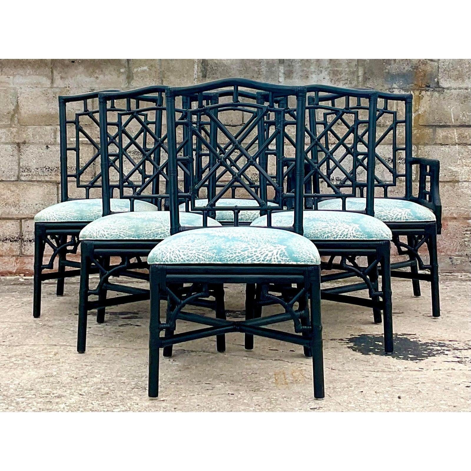 Coral Vintage Coastal Rattan Chinese Chippendale Fretwork Dining Chairs, Set of 6