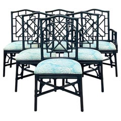 Vintage Coastal Rattan Chinese Chippendale Fretwork Dining Chairs, Set of 6