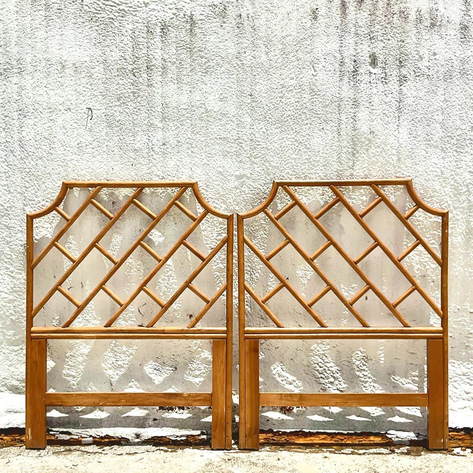 Philippine Vintage Coastal Rattan Chinese Chippendale Twin Headboards, a Pair