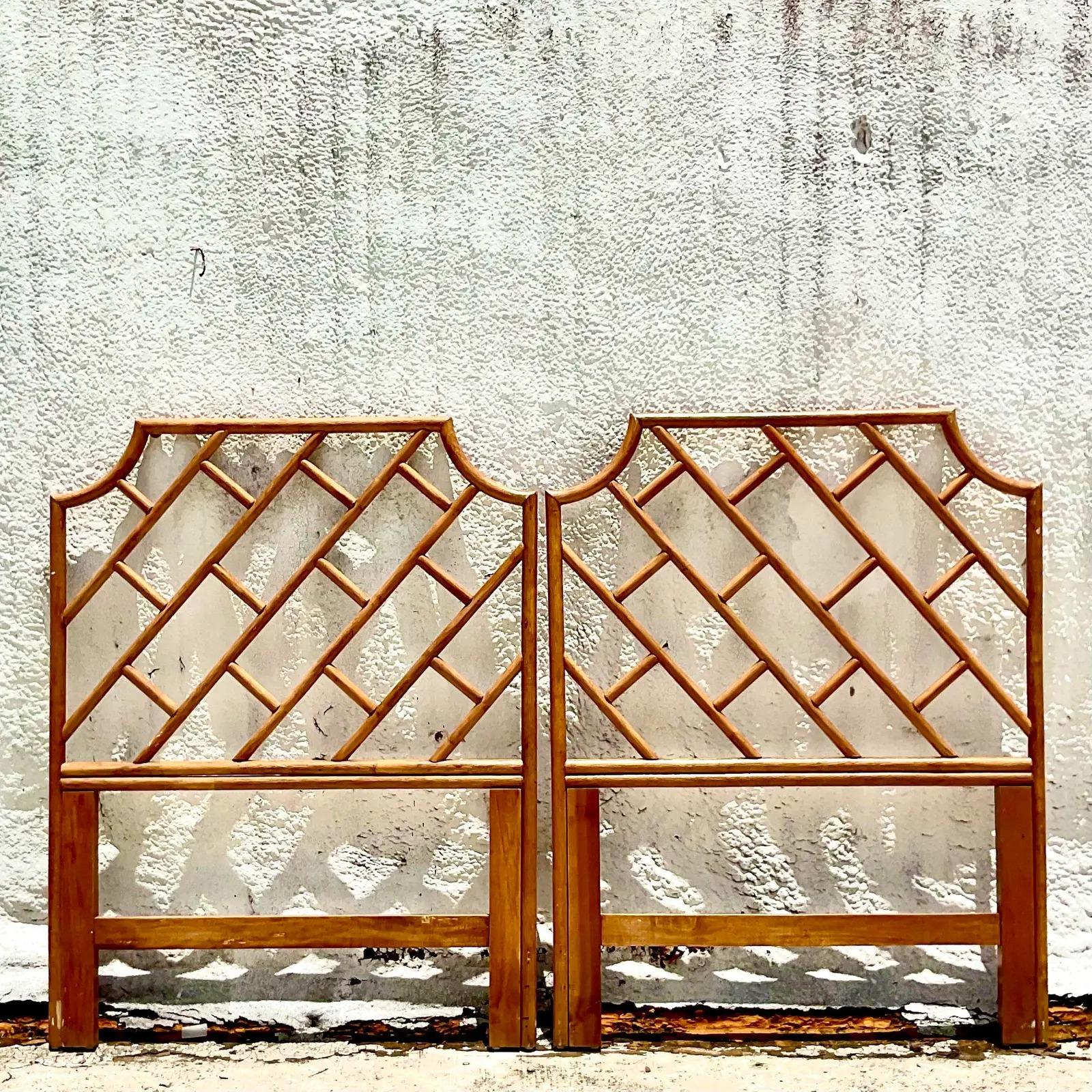 Vintage Coastal Rattan Chinese Chippendale Twin Headboards, a Pair In Good Condition In west palm beach, FL