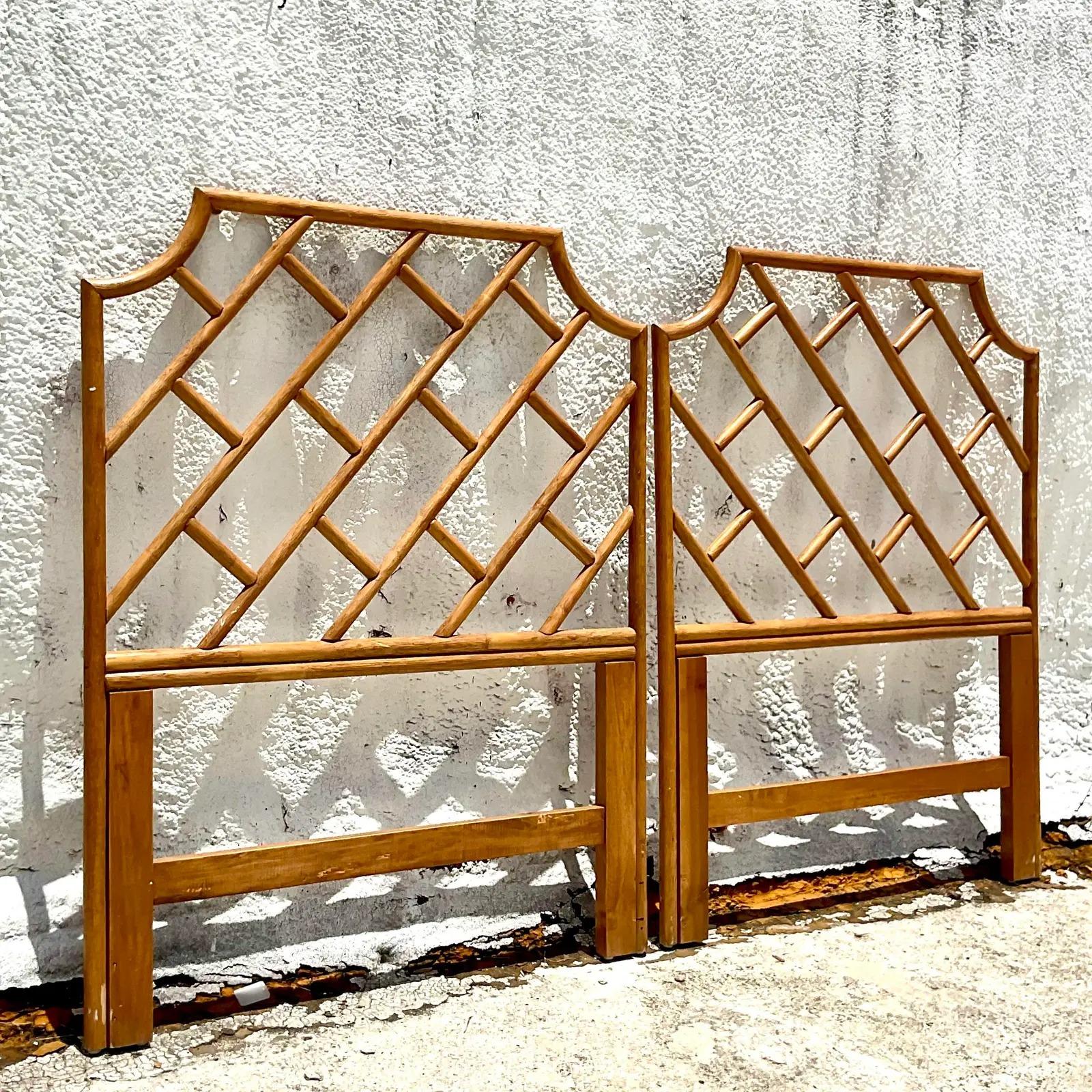 20th Century Vintage Coastal Rattan Chinese Chippendale Twin Headboards, a Pair