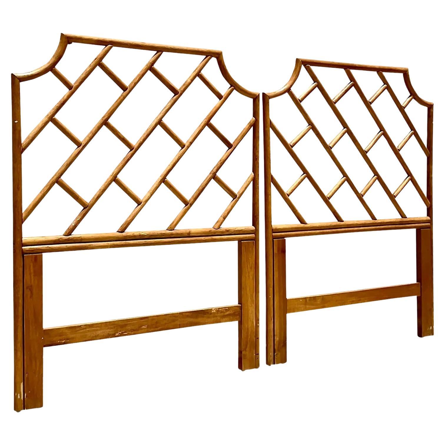 Vintage Coastal Rattan Chinese Chippendale Twin Headboards, a Pair