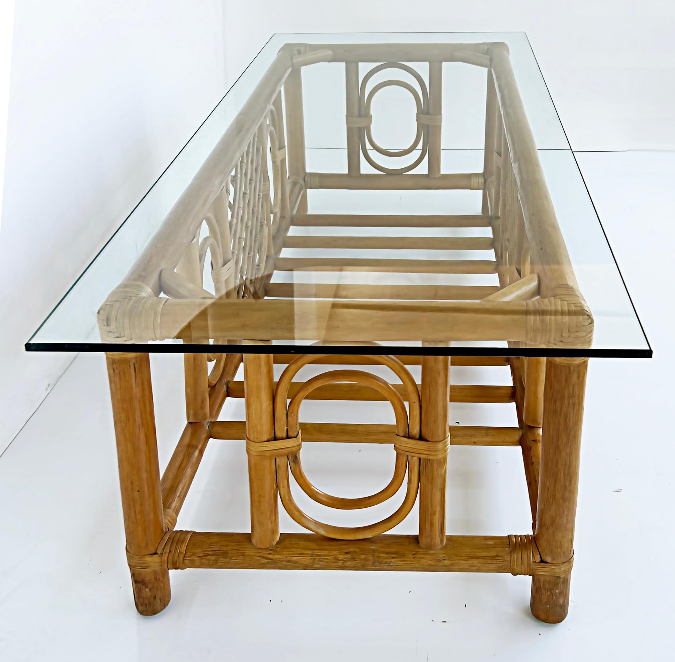 American Vintage Coastal Rattan Coffee Cocktail Table with Glass Top  For Sale