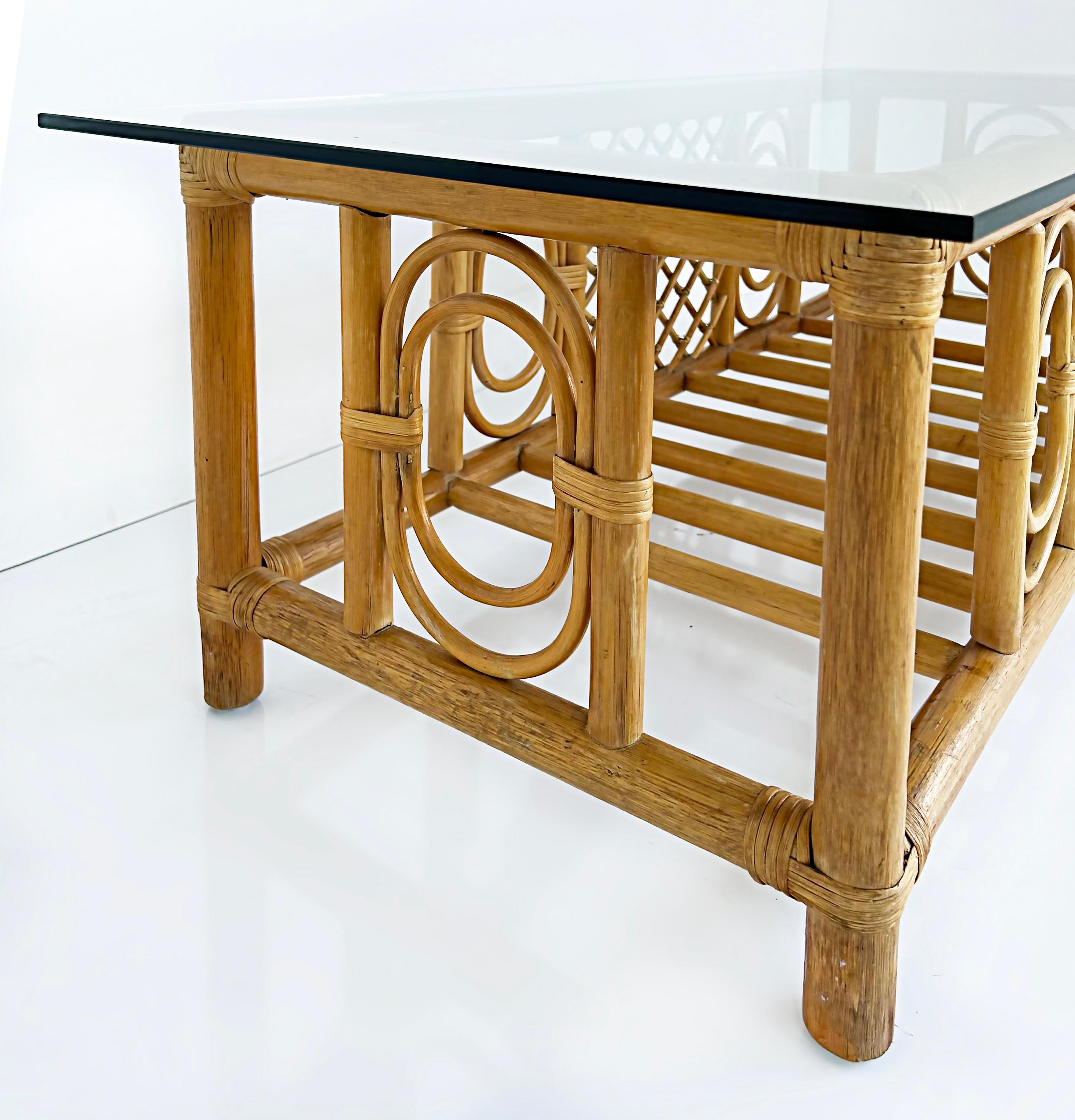 20th Century Vintage Coastal Rattan Coffee Cocktail Table with Glass Top  For Sale