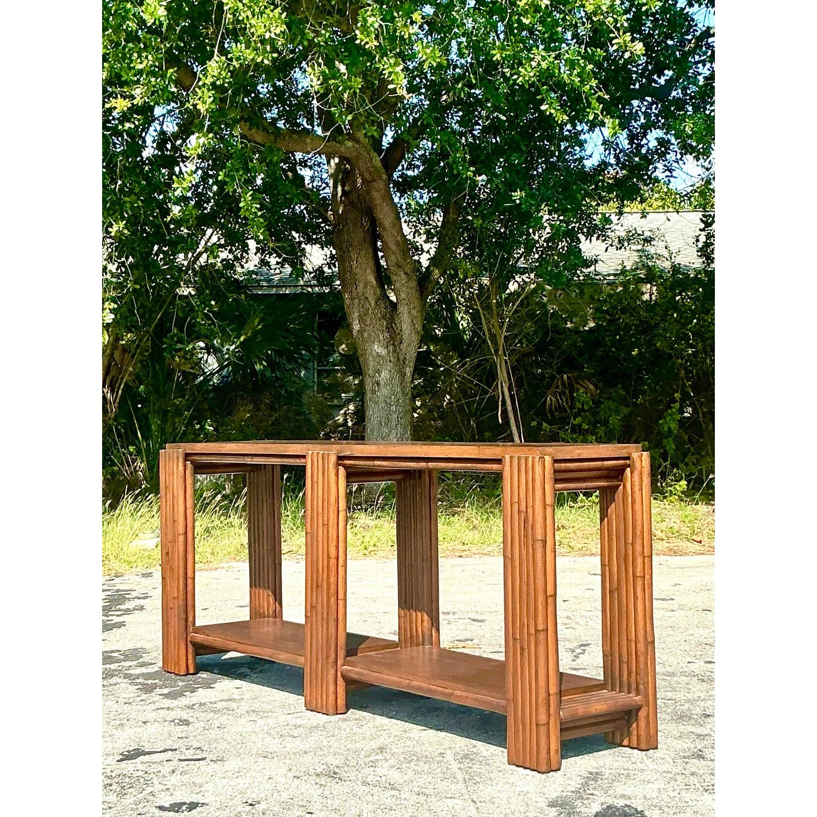 Organic Modern Vintage Coastal Rattan Console Table For Sale