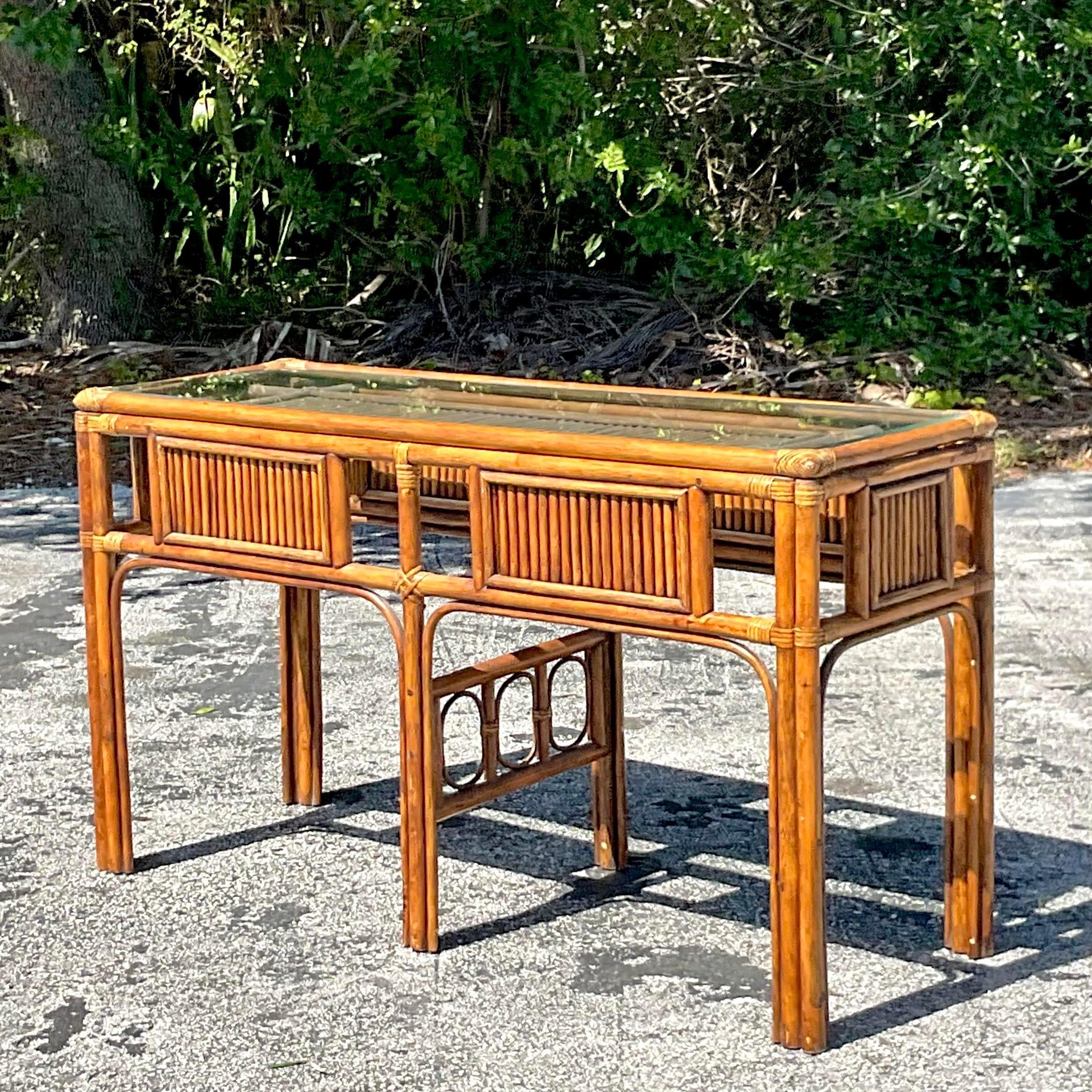 Vintage Coastal Rattan Console Table In Good Condition For Sale In west palm beach, FL