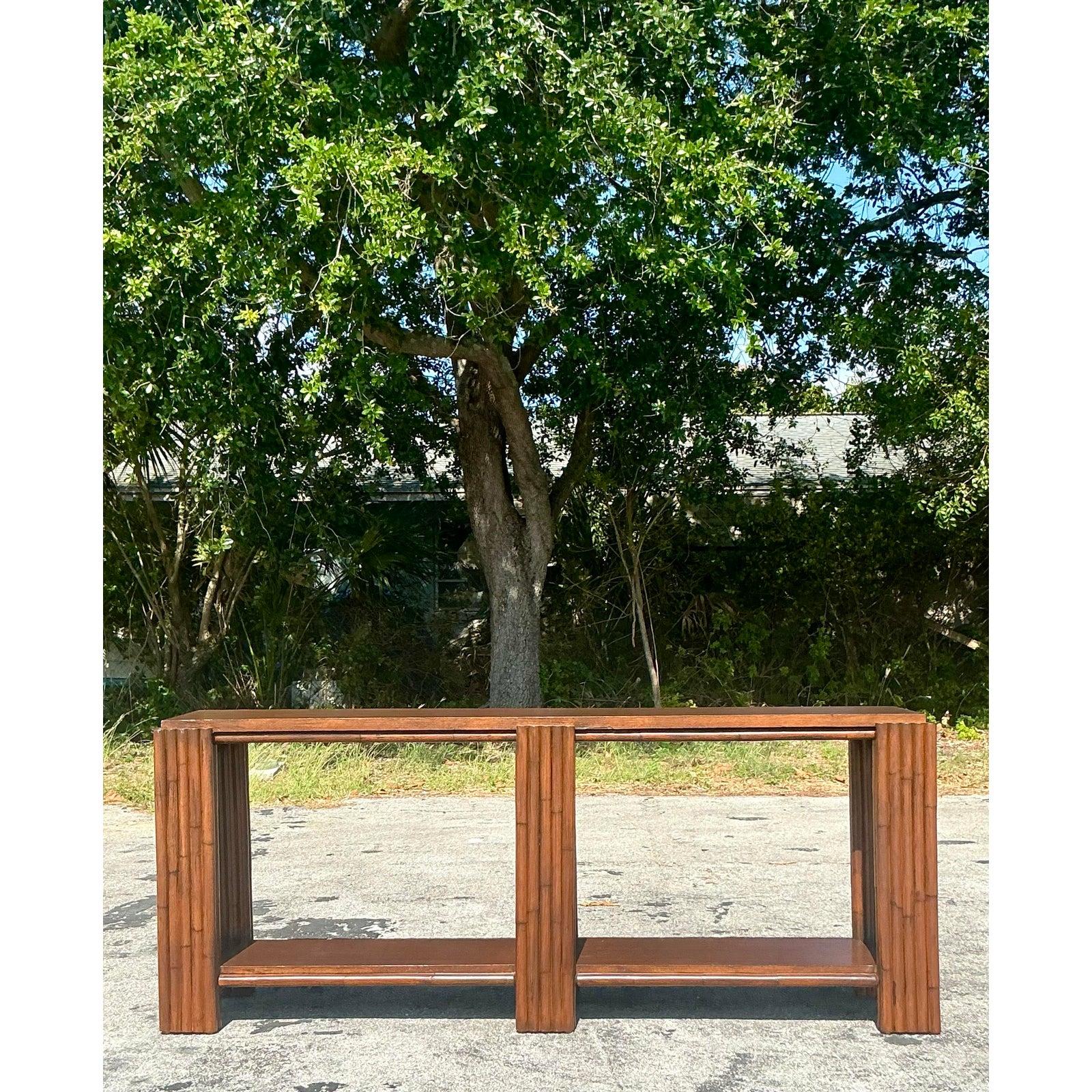 American Vintage Coastal Rattan Console Table For Sale