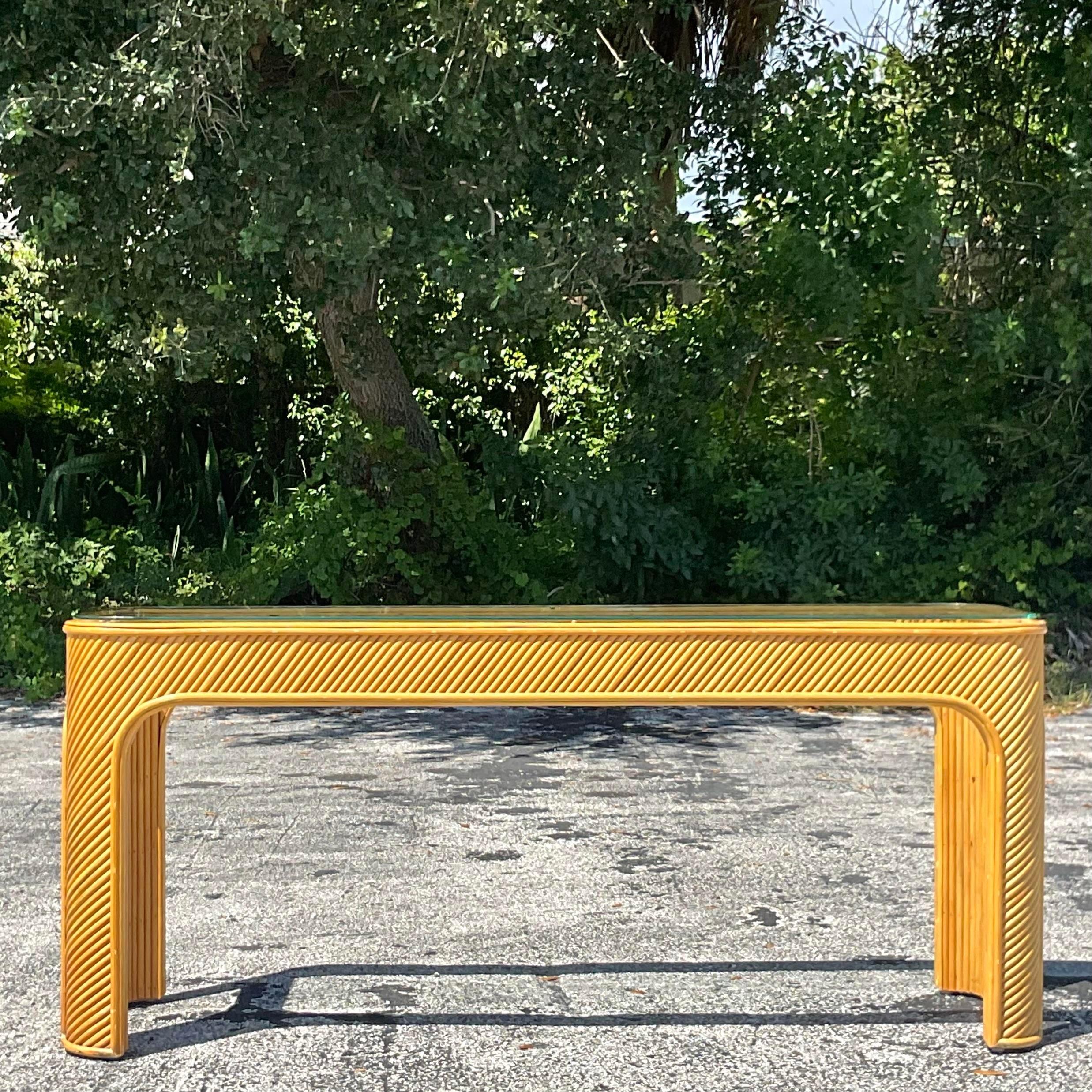 20th Century Vintage Coastal Rattan Console Table