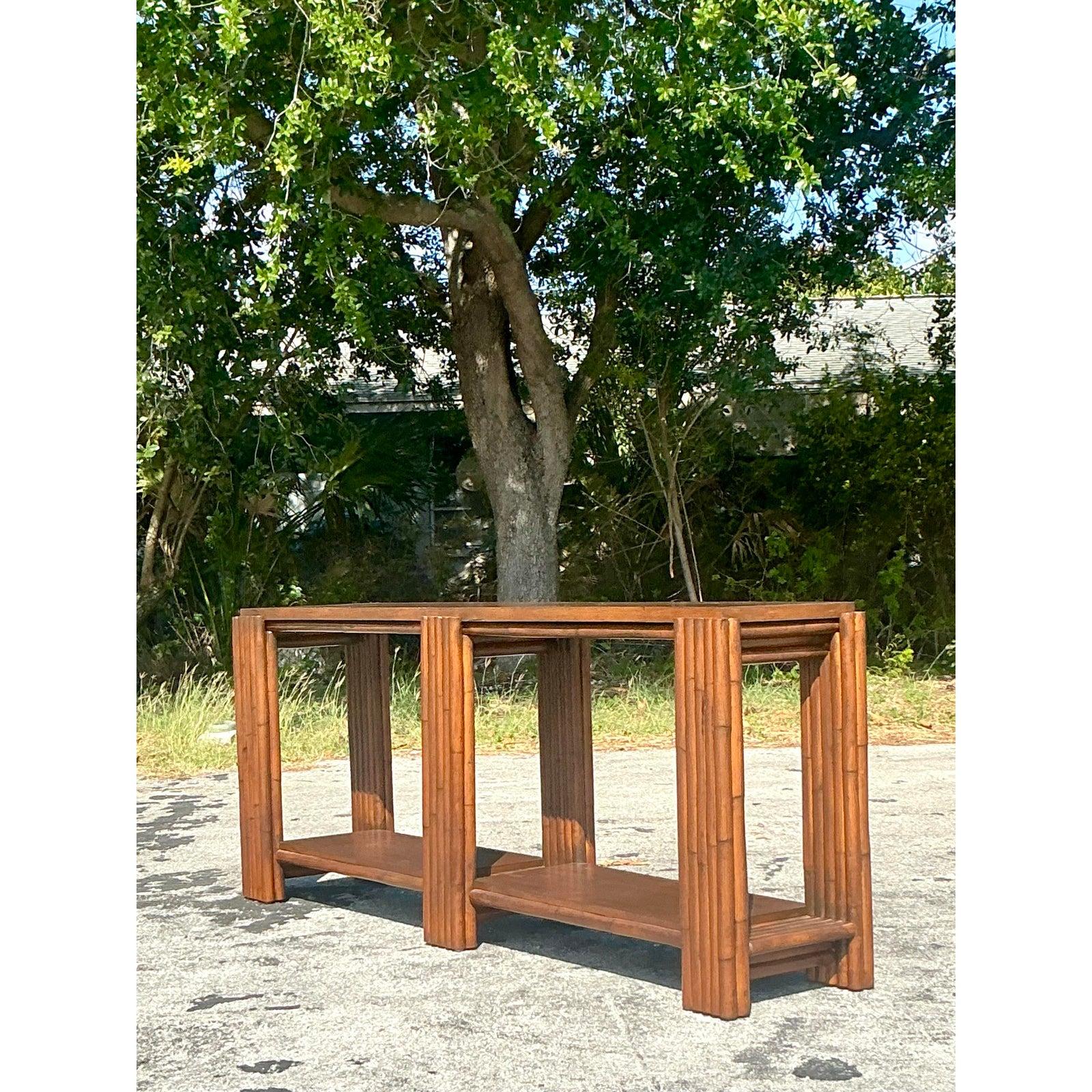 Vintage Coastal Rattan Console Table In Good Condition For Sale In west palm beach, FL