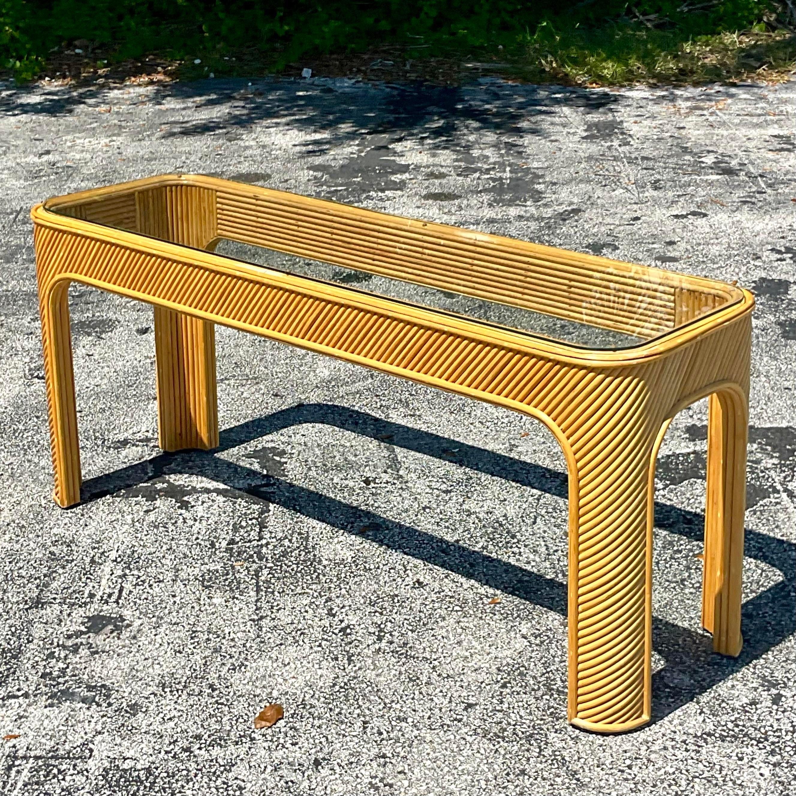 Vintage Coastal Rattan Console Table 1