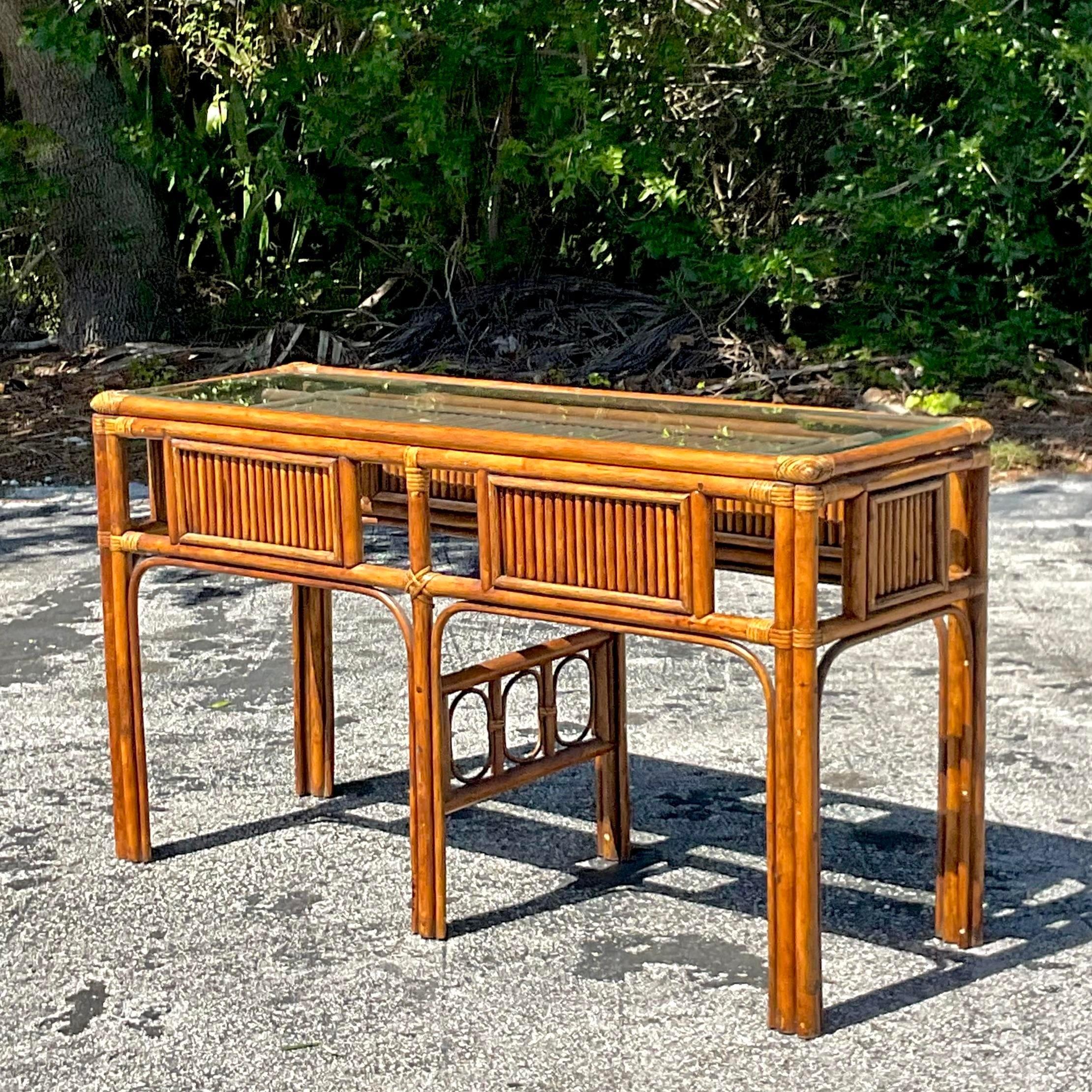 Vintage Coastal Rattan Console Table For Sale 1