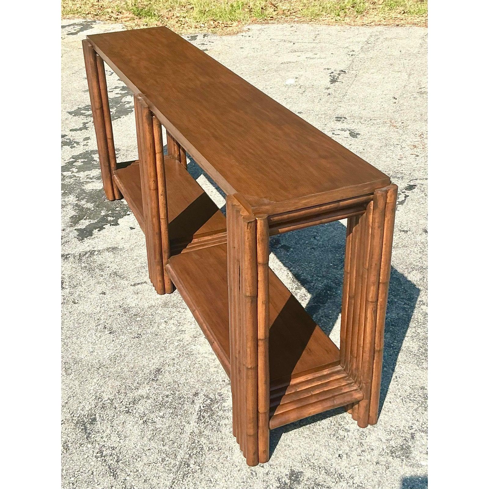 20th Century Vintage Coastal Rattan Console Table For Sale