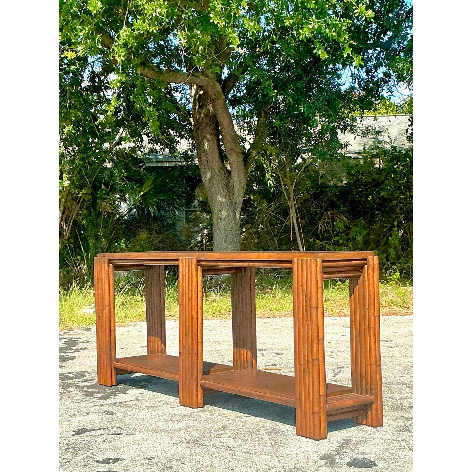 Vintage Coastal Rattan Console Table For Sale 1