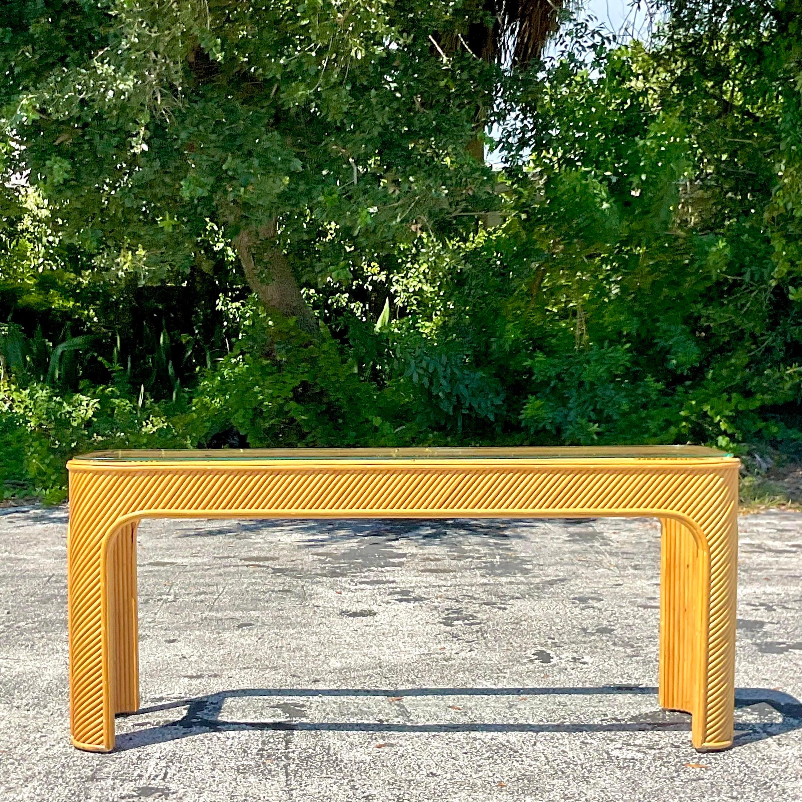 Vintage Coastal Rattan Console Table 3