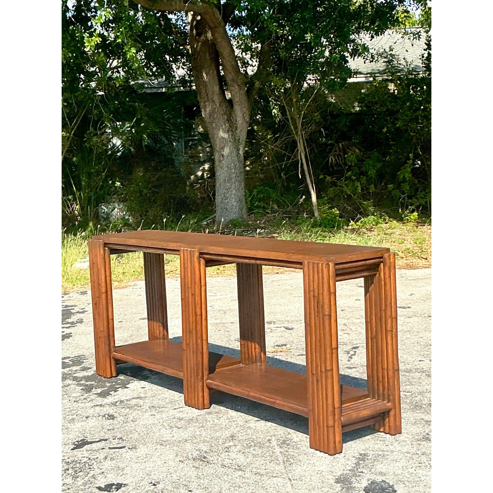 Vintage Coastal Rattan Console Table For Sale 2