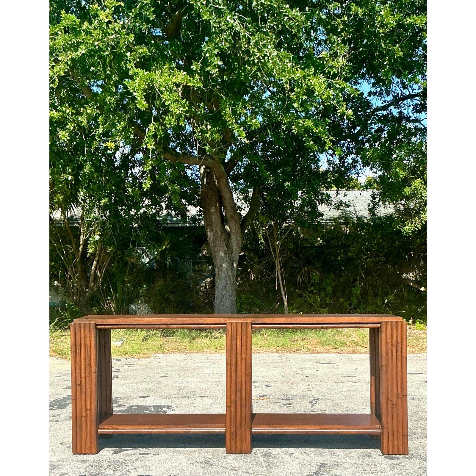 Vintage Coastal Rattan Console Table For Sale 3