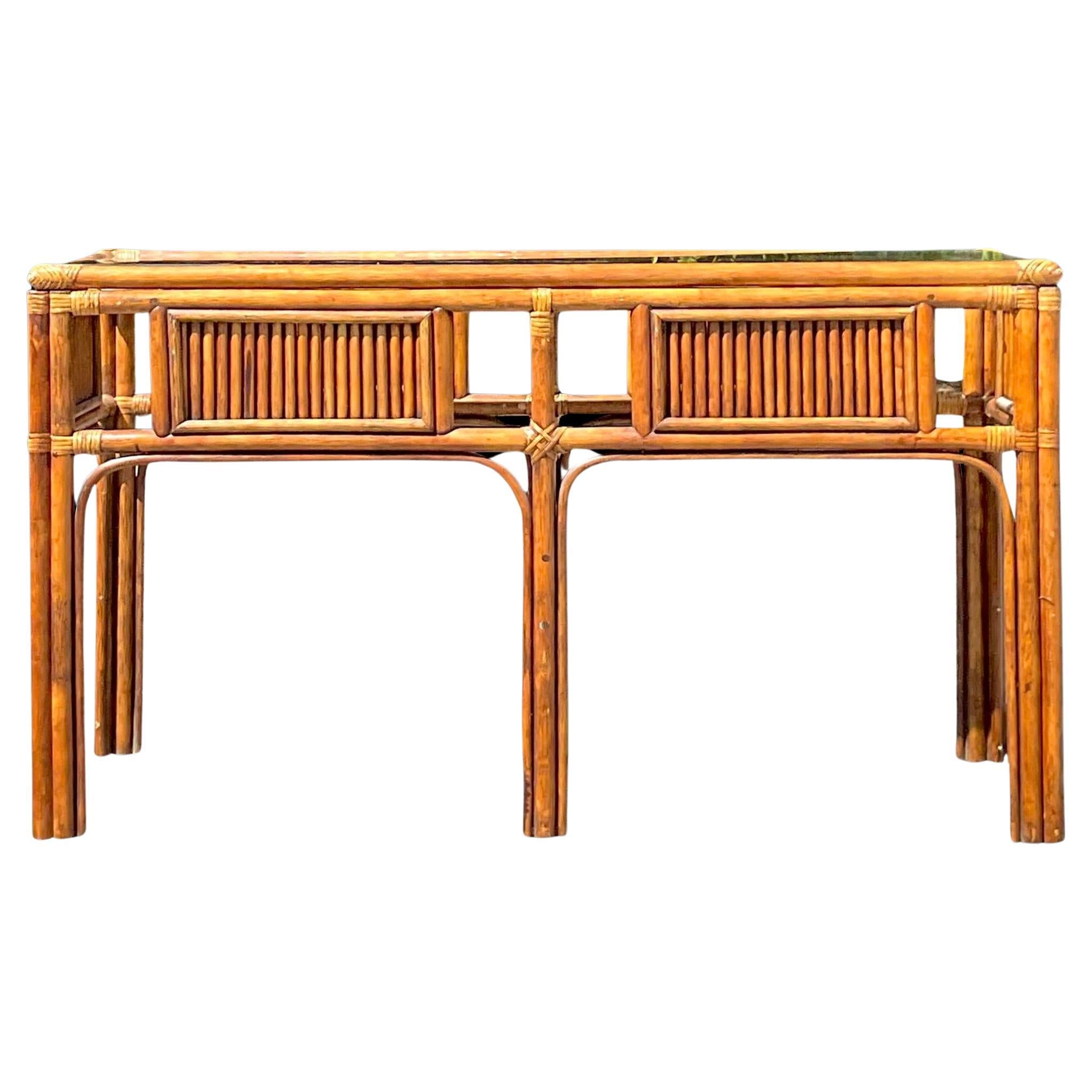 Vintage Coastal Rattan Console Table For Sale