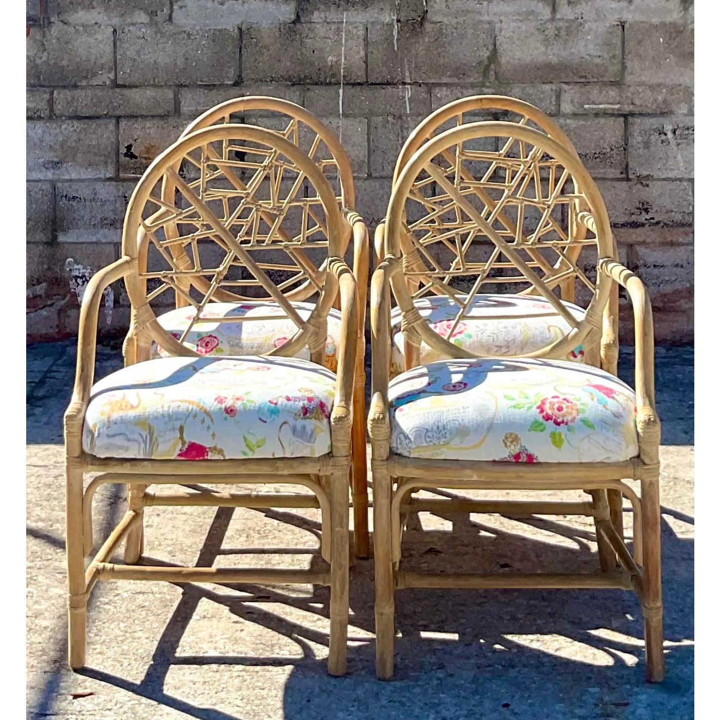 Vintage Coastal Rattan “Cracked Ice” Dining Chairs After McGuire 4