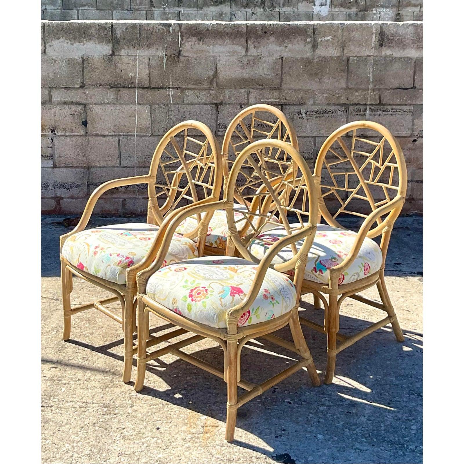 Upholstery Vintage Coastal Rattan “Cracked Ice” Dining Chairs After McGuire