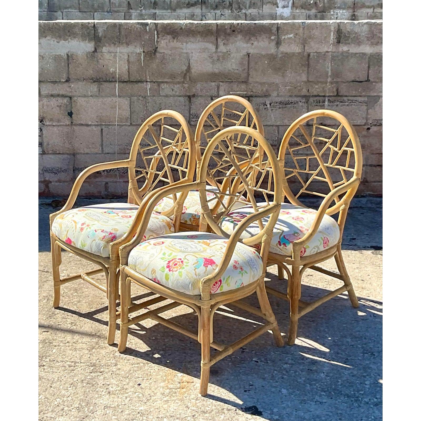 Vintage Coastal Rattan “Cracked Ice” Dining Chairs After McGuire 1