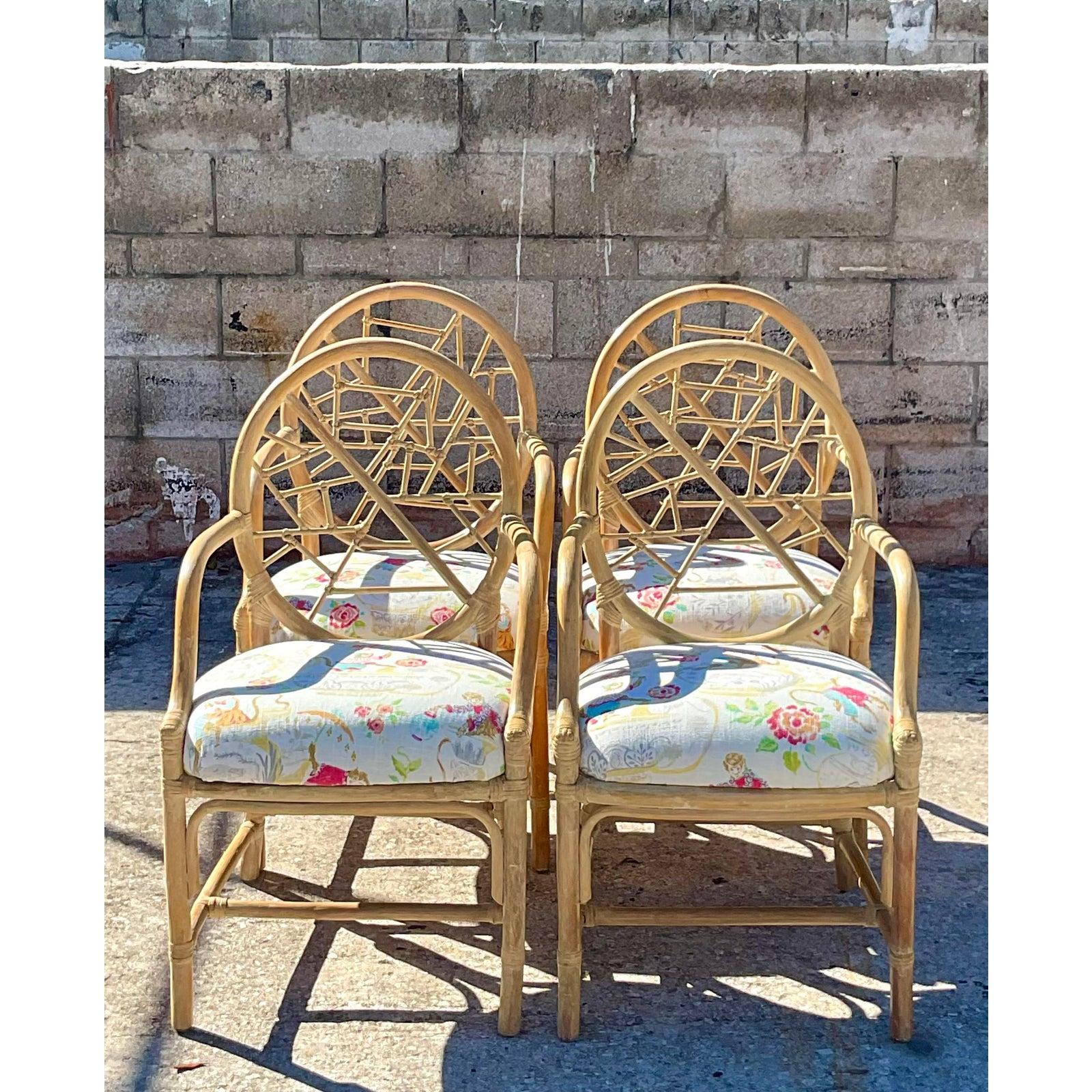 Vintage Coastal Rattan “Cracked Ice” Dining Chairs After McGuire 2