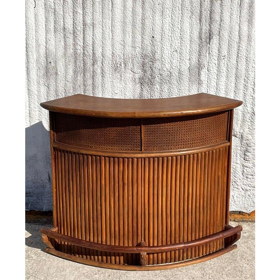 Mid-Century Modern Vintage Coastal Rattan Curved Dry Bar