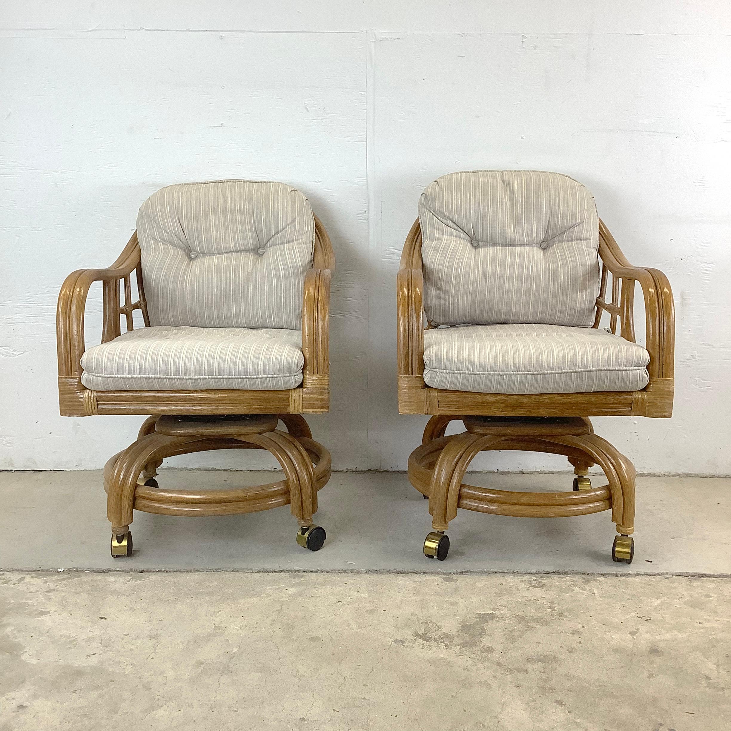 Welcome to the coastal boho world of Lane Venture, where vintage design meets unparalleled craftsmanship. This set of four coastal rolling dining chairs is a true representation of this esteemed lineage. Made from the finest bamboo and rattan, these