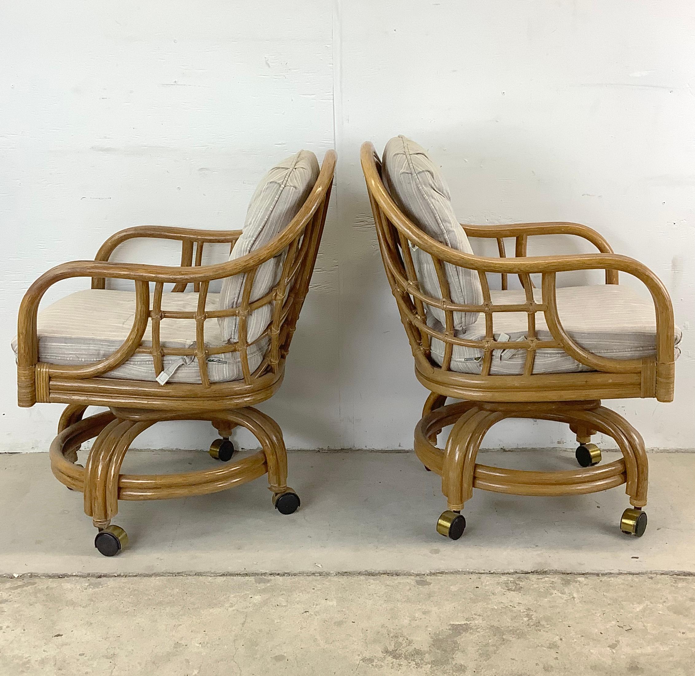 Upholstery Vintage Coastal Rattan Dining Chairs by Lane Venture- set 4