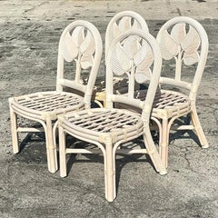 Vintage Coastal Rattan Dining Chairs - Set of Four