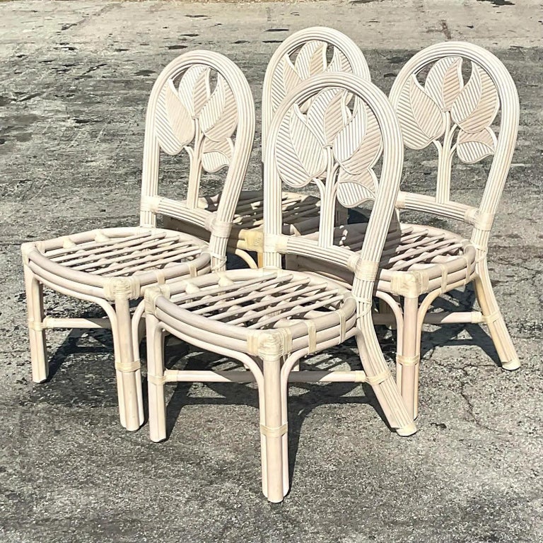 Vintage Coastal Rattan Dining Chairs, Set of Four For Sale at 1stDibs