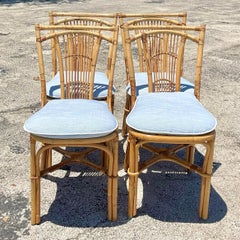 Vintage Coastal Rattan Dining Chairs, Set of Four