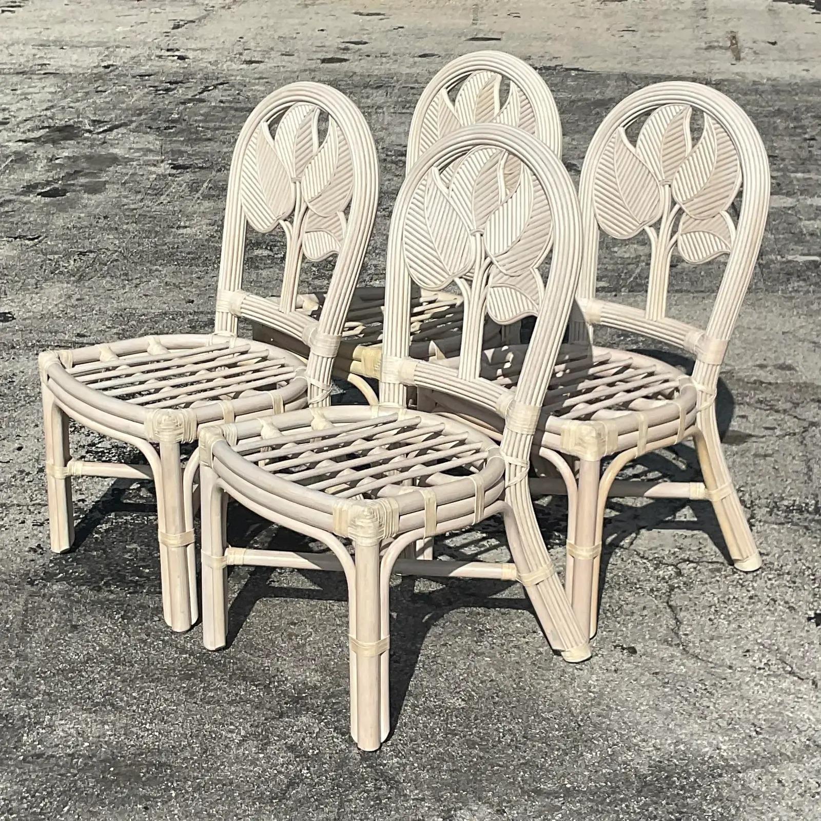 North American Vintage Coastal Rattan Dining Chairs - Set of Four For Sale