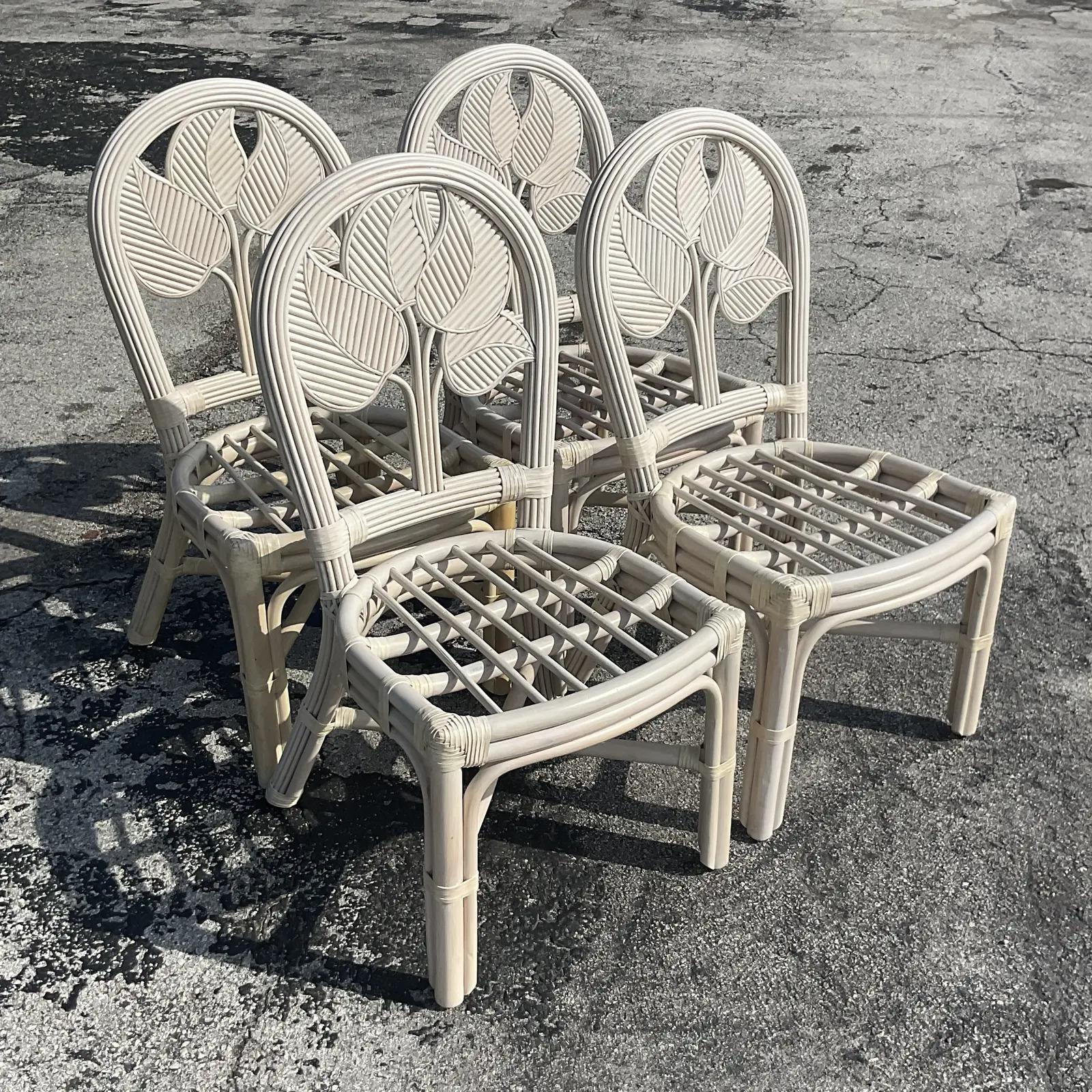 Vintage Coastal Rattan Dining Chairs - Set of Four In Good Condition For Sale In west palm beach, FL