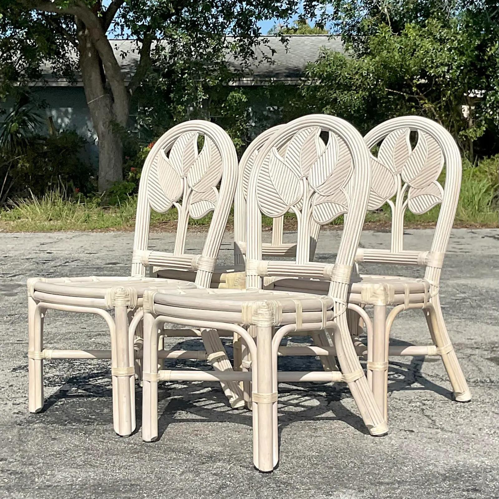 20th Century Vintage Coastal Rattan Dining Chairs - Set of Four For Sale