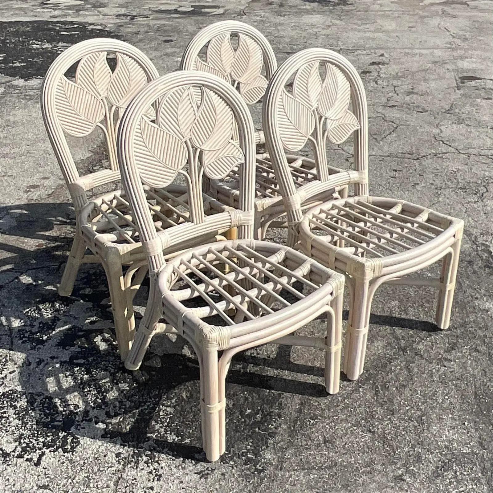 Vintage Coastal Rattan Dining Chairs - Set of Four For Sale 1