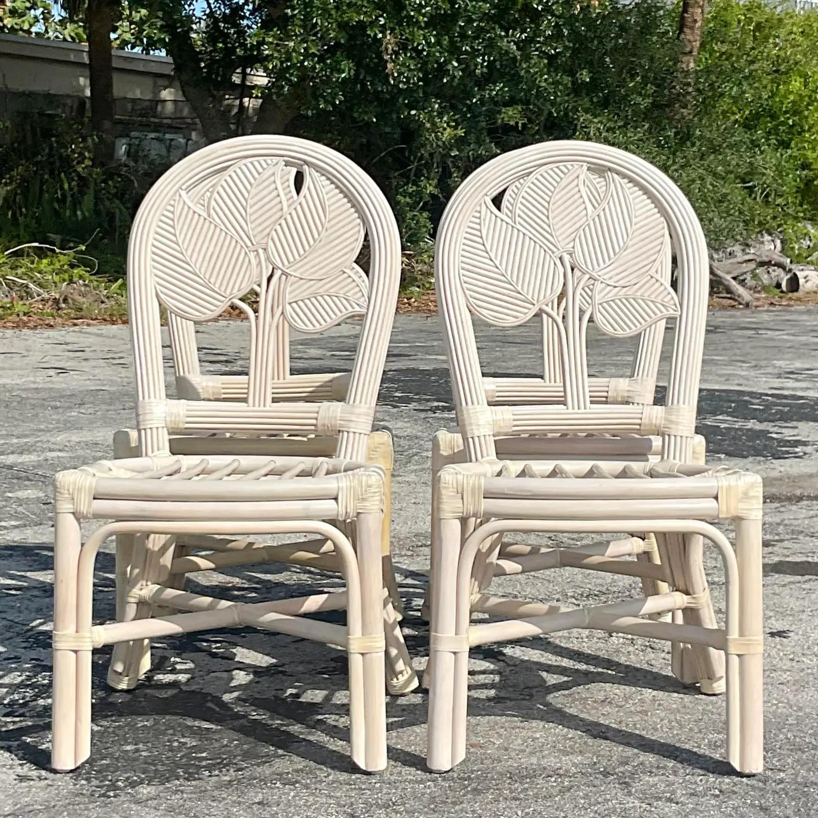 Vintage Coastal Rattan Dining Chairs - Set of Four For Sale 2