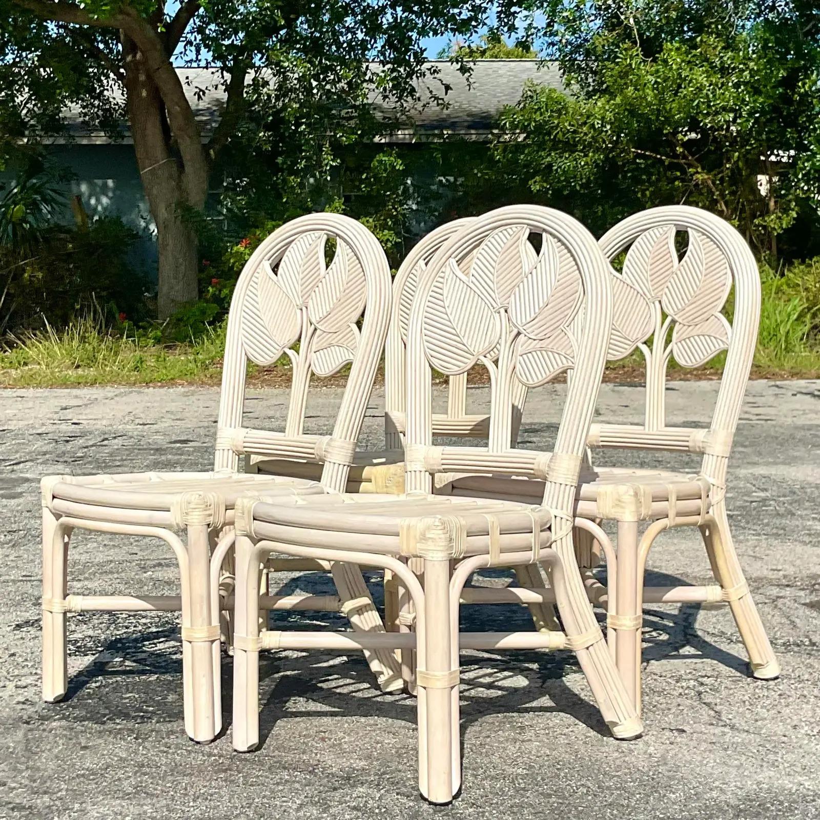 Vintage Coastal Rattan Dining Chairs - Set of Four For Sale 3