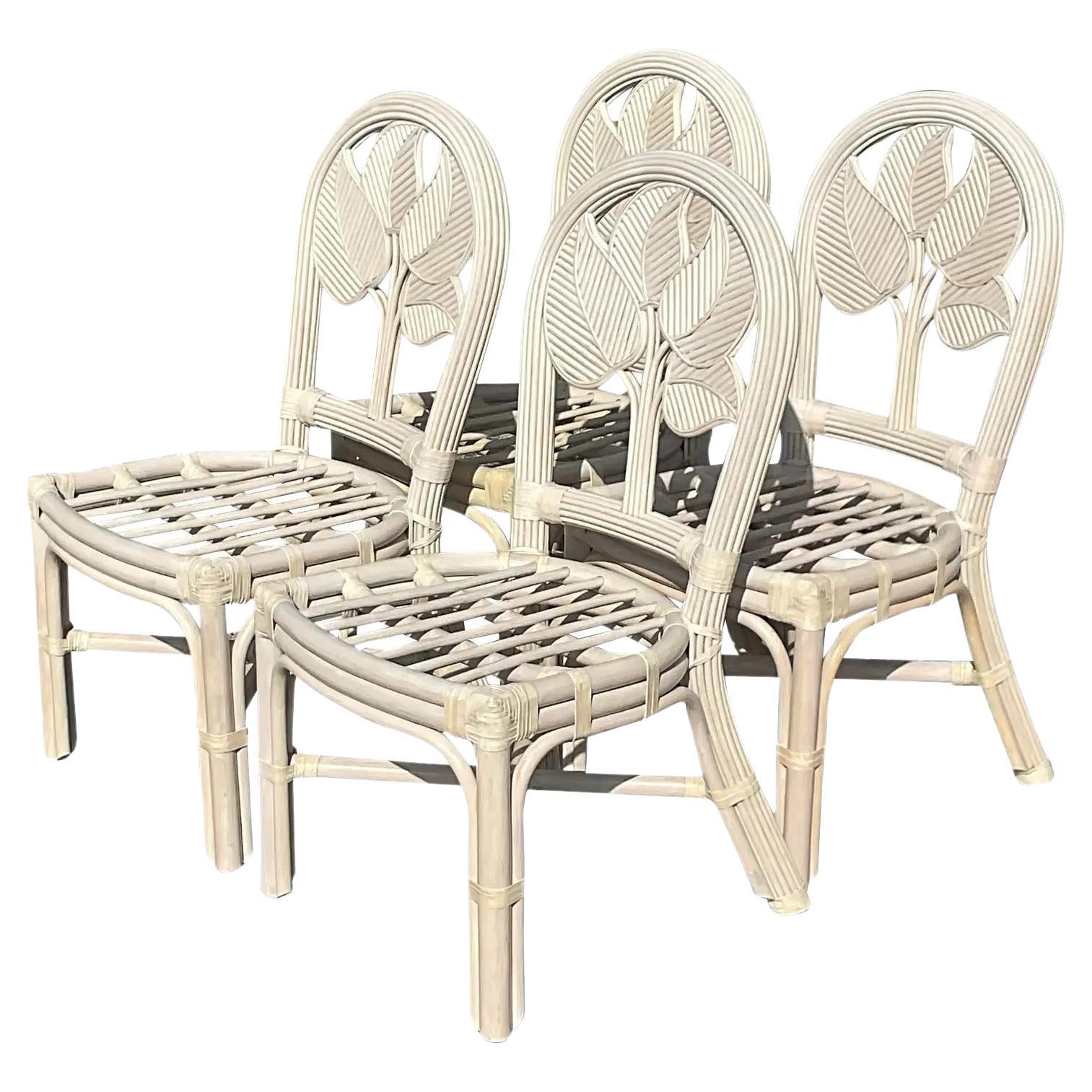 Vintage Coastal Rattan Dining Chairs - Set of Four For Sale