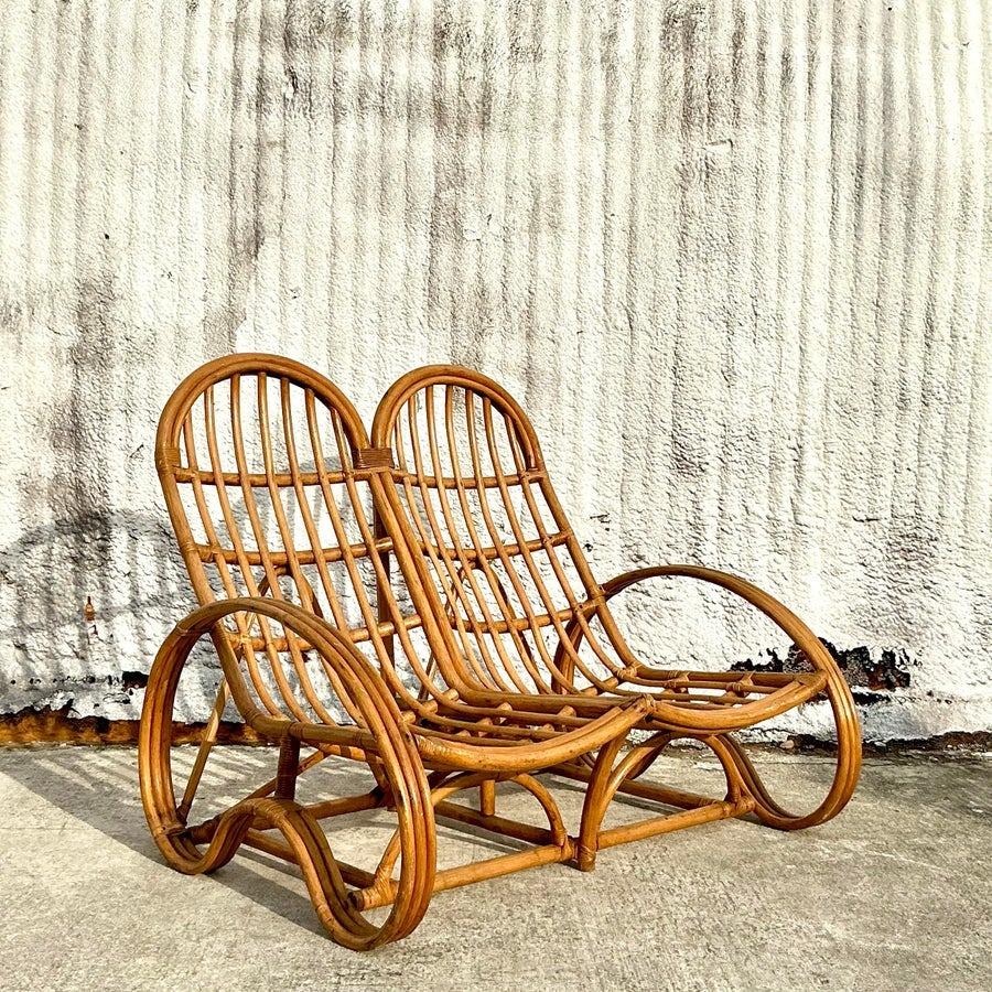 Vintage Coastal Rattan Double Lounge Chair For Sale 3