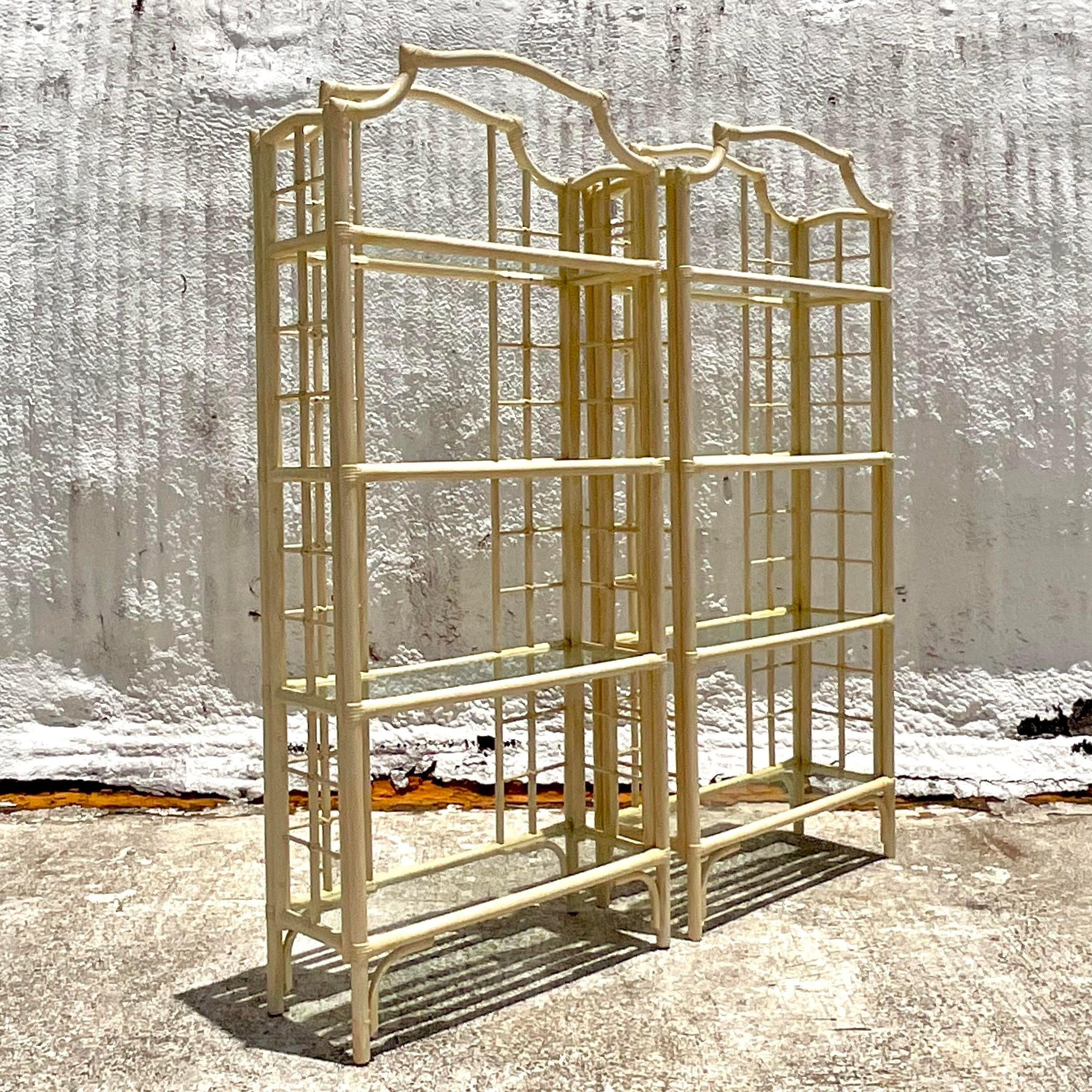 Vintage Coastal Rattan Etagere - a Pair In Good Condition In west palm beach, FL