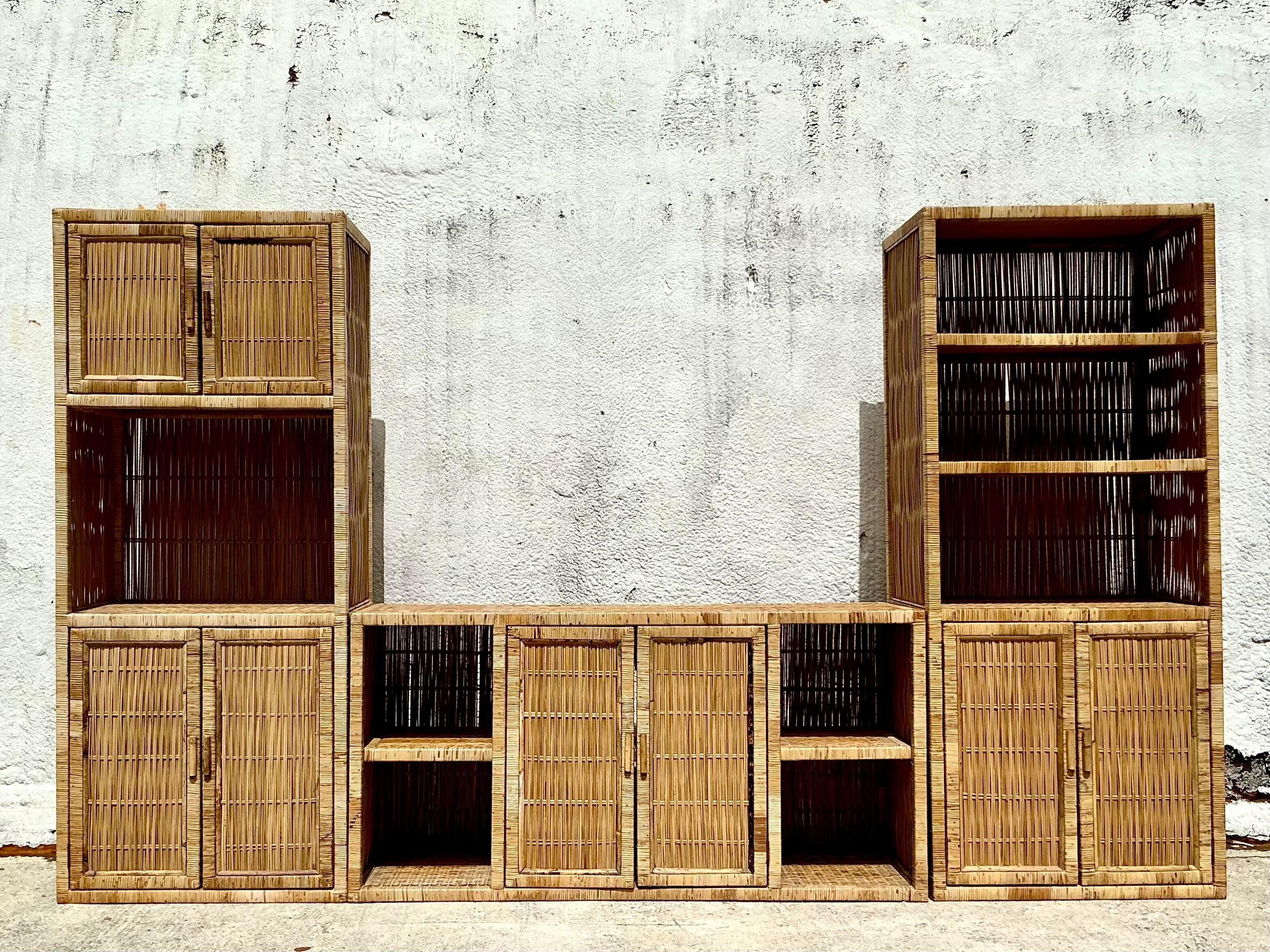 Vintage Coastal Rattan Etagere - a Pair In Good Condition For Sale In west palm beach, FL