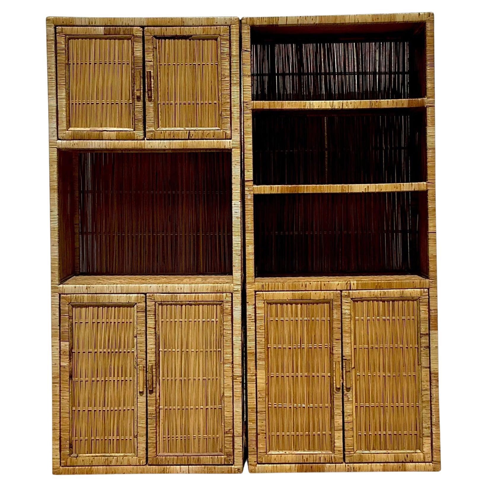 Vintage Coastal Rattan Etagere - a Pair