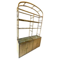 Vintage Coastal Rattan Etagere Cabinet with Glass Shelves