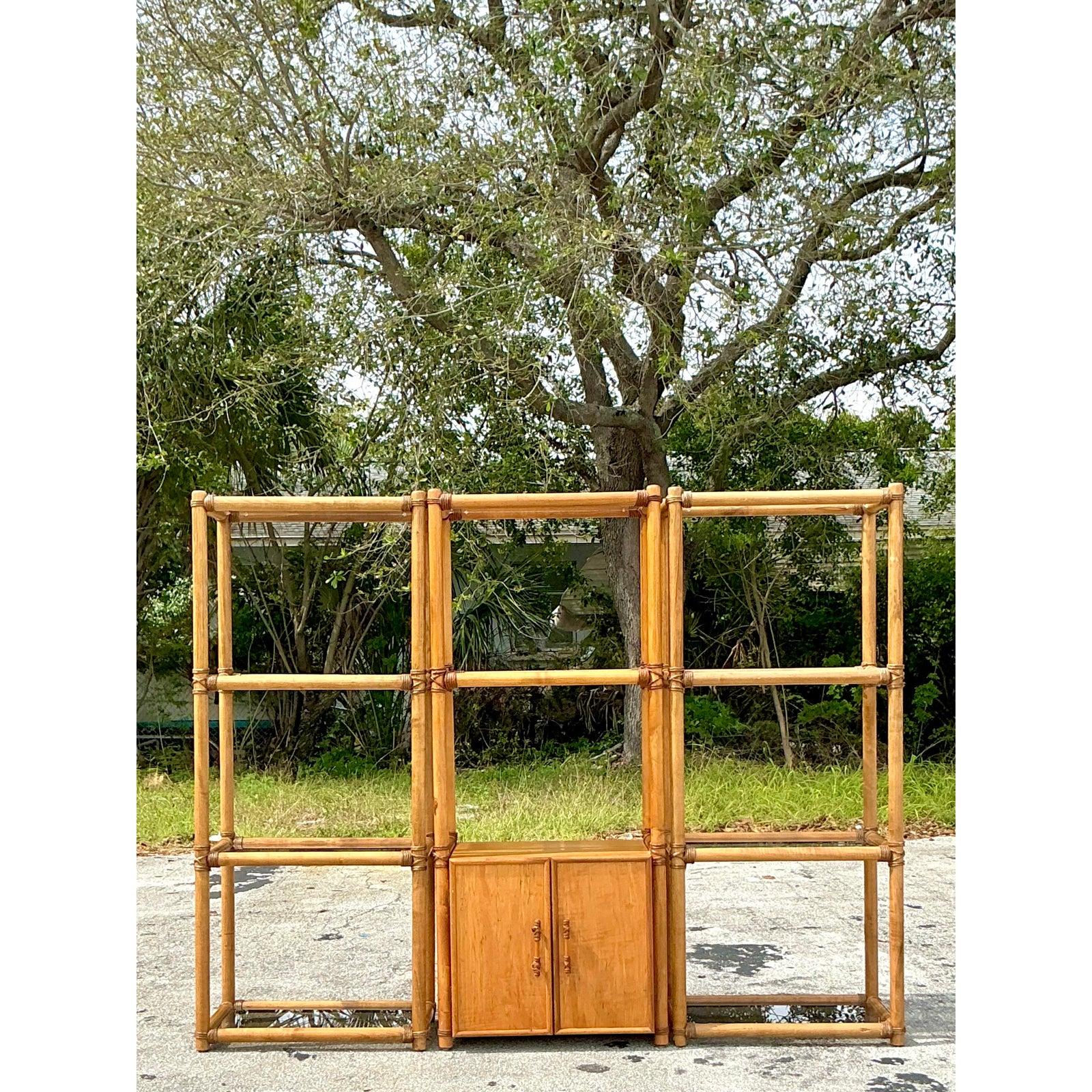 Eleganza per i tuoi interni con questo splendido set di étagère vintage in rattan costiero, un trio dal design accattivante che unisce l'eleganza naturale alla funzionalità dei contenitori. Caratterizzato da una struttura aperta in bambù con