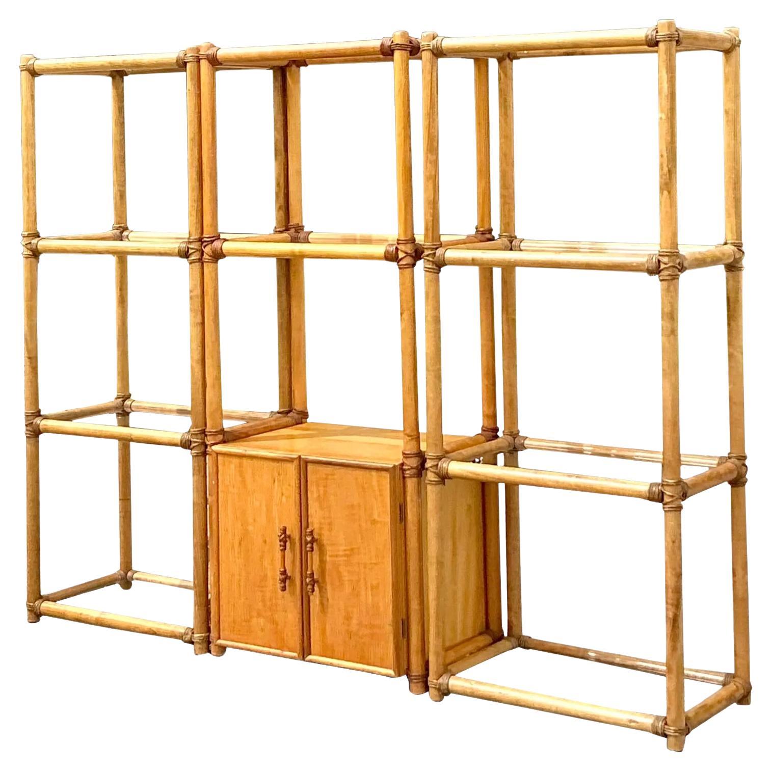 Vintage Coastal Rattan Etagere - Set of 3