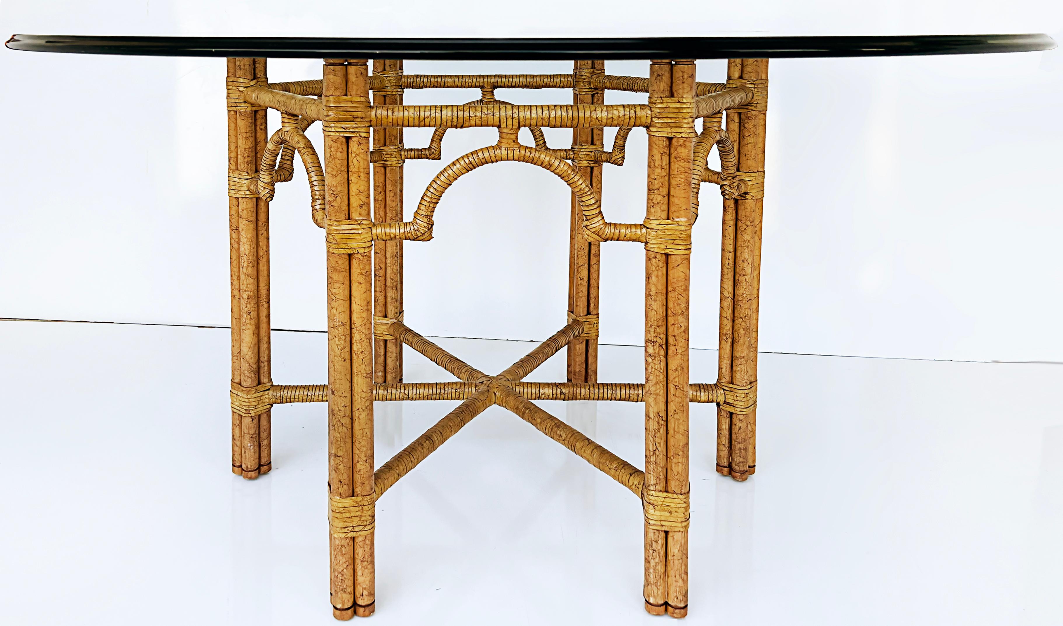 Vintage Coastal Rattan Ficks Reed Dining Table with Glass Top For Sale