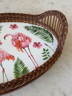 Vintage Coastal Rattan Flamingo Tray With Custom Decoupage Appliqué
